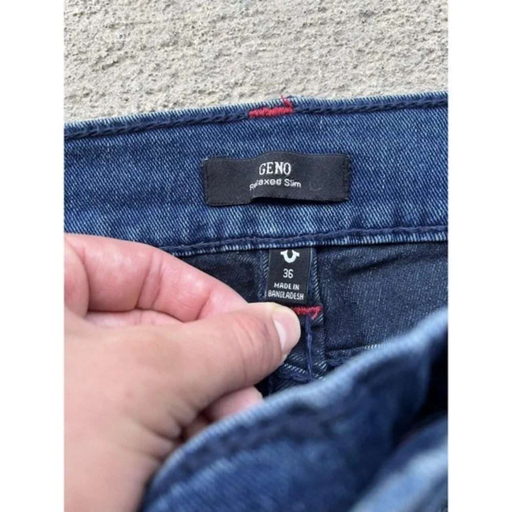 True Religion Geno Big T Flap Relaxed Slim Jeans Mens 36x30 Dark Wash Blue Denim